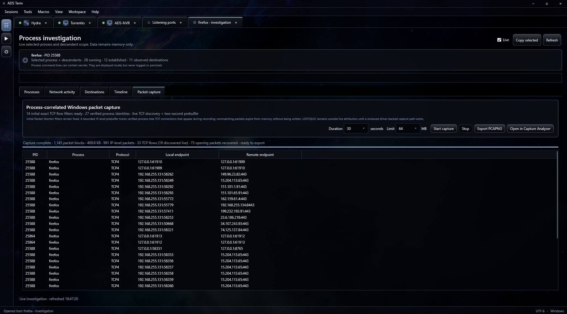 ADS.Term process investigation with network activity and packet capture